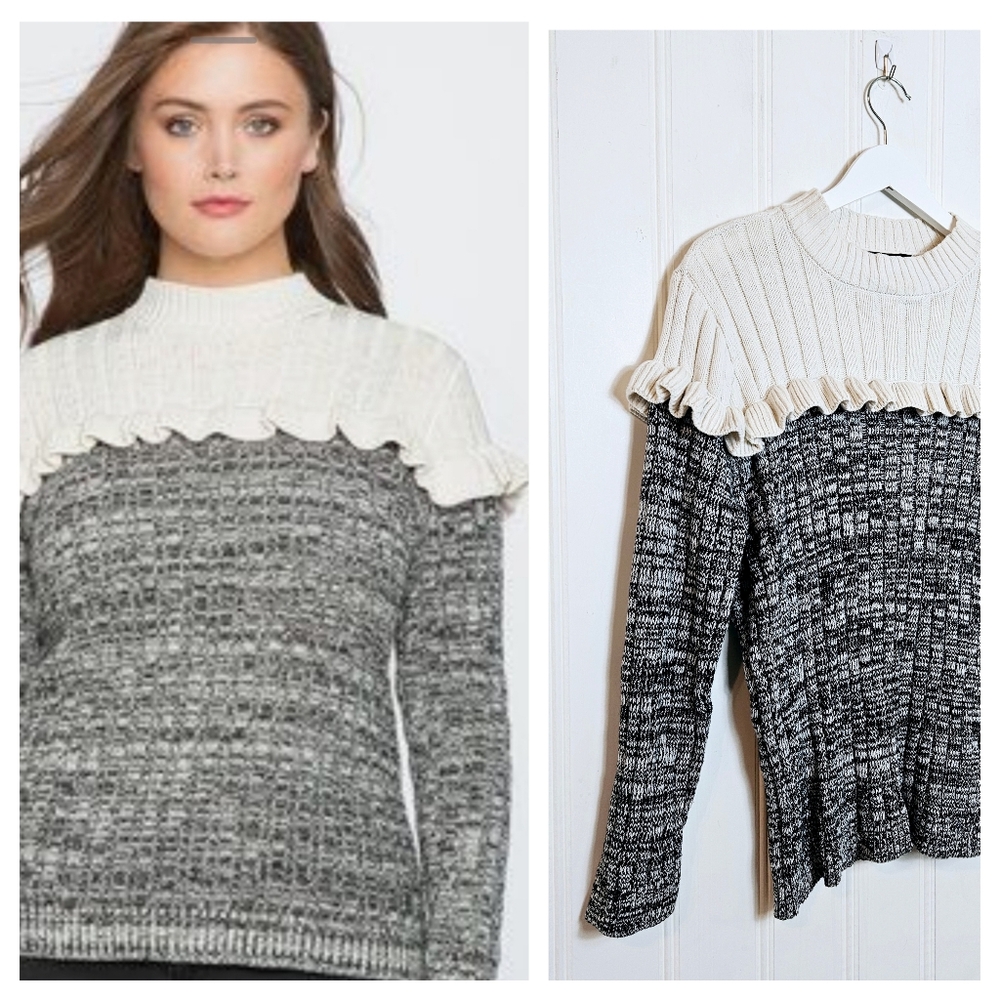 Eloquii Black White Colorblock Ruffle Mock Neck Sweater 22/24